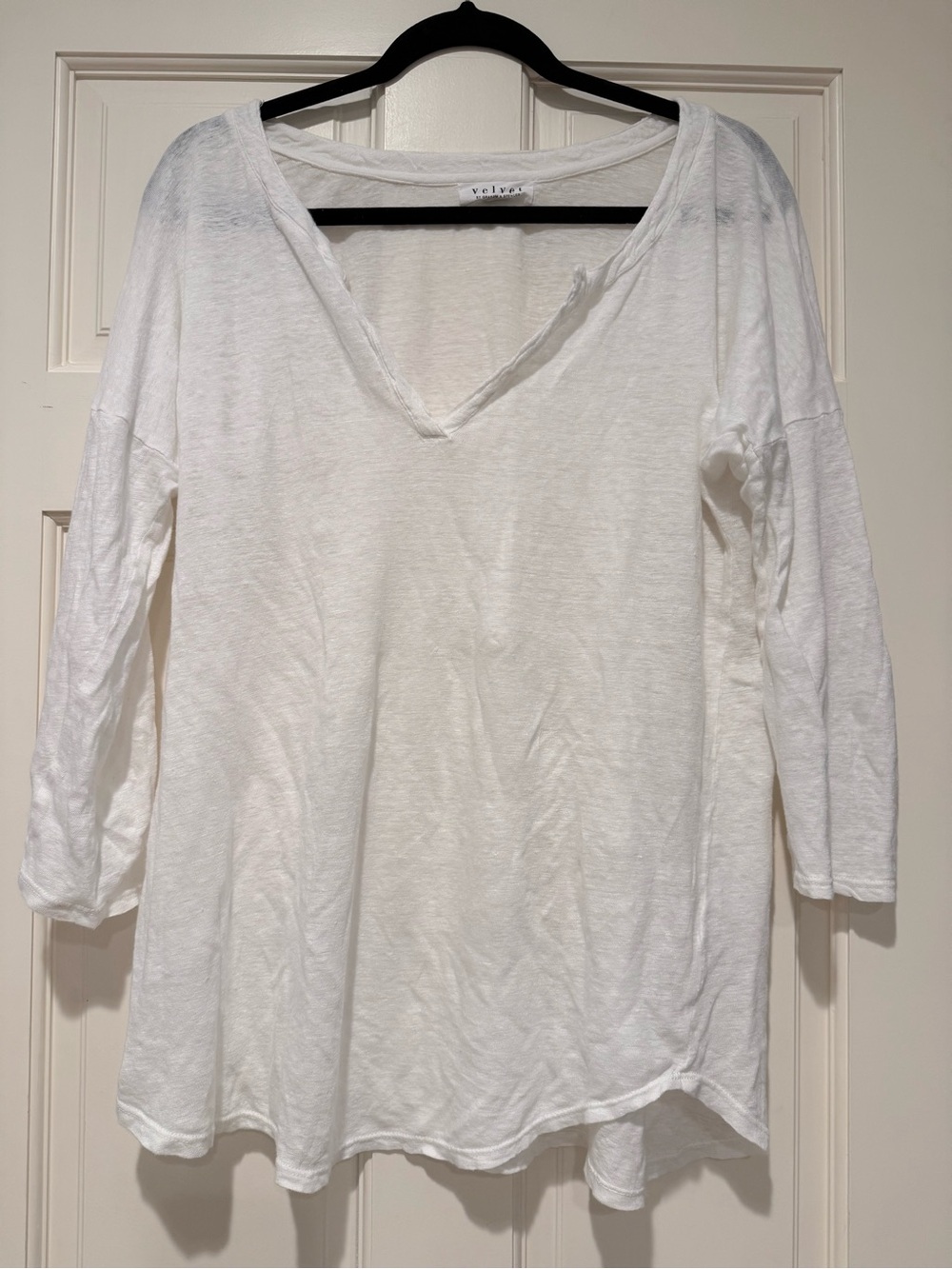 Velvet White Burnout V-Neck Long Sleeve Women's Top